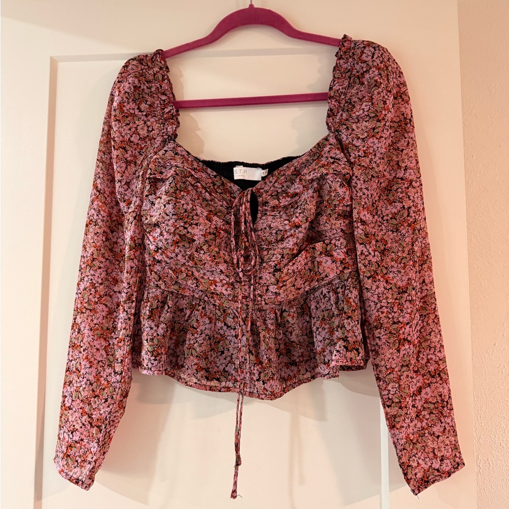 Astr Floral Pink Blouse with Tie Detail